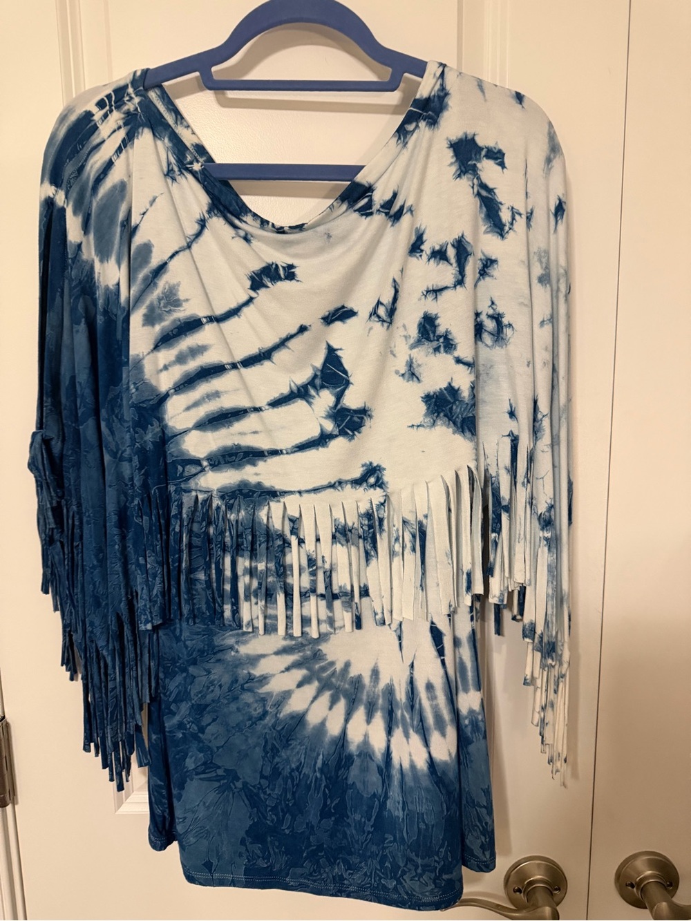 Tie-Dye Fringe Women's Blouse in Blue and White L/XL